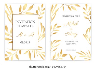 Leaves Gold Luxury style Invitation cards collection design. 