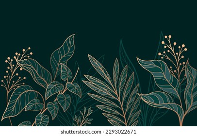 Leaves golden background. Aesthetics and elegance, luxury. Symbol of spring and summer season. Linear ornament with foliage. Monstera plant line art pattern. Flat vector illustration