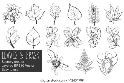 Leaves and grass vector. Easy to use layered vector illustration. Forest and holistic floral details for handcrafted logo, casual games and landscapes.