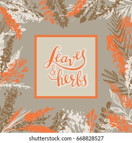 Leaves and grasses are laid out on a sheet in retro style with an inscription on a square die