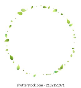 Leaves Green Falling. Spring Flying Foliage. Chaotic Leaf On White Background. Ecology Design, Nature Elements. Spring Sale Vector Illustration. Greenery Environment Backdrop.