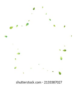 Leaves Green Falling. Spring Flying Foliage. Chaotic Leaf On White Background. Ecology Design, Nature Elements. Spring Sale Vector Illustration. Greenery Environment Backdrop.