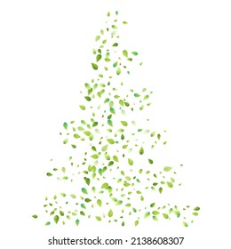 Leaves Green Falling. Spring Flying Foliage. Chaotic Leaf On White Background. Ecology Design, Nature Elements. Spring Sale Vector Illustration. Greenery Environment Backdrop.