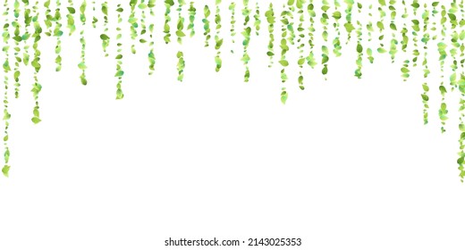 Leaves Green Falling. Spring Flying Foliage. Chaotic Leaf On White Background. Ecology Design, Nature Elements. Spring Sale Vector Illustration. Greenery Environment Backdrop.