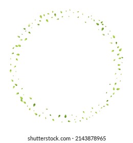Leaves Green Falling. Spring Flying Foliage. Chaotic Leaf On White Background. Ecology Design, Nature Elements. Spring Sale Vector Illustration. Greenery Environment Backdrop.