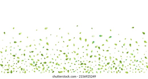 Leaves Green Falling. Spring Flying Foliage. Chaotic Leaf On White Background. Ecology Design, Nature Elements. Spring Sale Vector Illustration. Greenery Environment Backdrop.