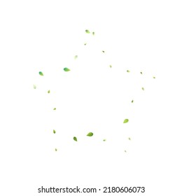Leaves Green Falling. Spring Flying Foliage. Chaotic Leaf On White Background. Ecology Design, Nature Elements. Spring Sale Vector Illustration. Greenery Environment Backdrop.