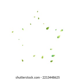 Leaves Green Falling. Spring Flying Foliage. Chaotic Leaf On White Background. Ecology Design, Nature Elements. Spring Sale Vector Illustration. Greenery Environment Backdrop.