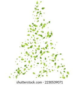 Leaves Green Falling. Spring Flying Foliage. Chaotic Leaf On White Background. Ecology Design, Nature Elements. Spring Sale Vector Illustration. Greenery Environment Backdrop.