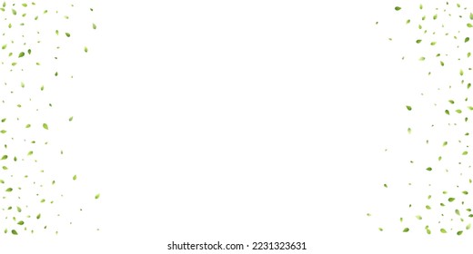 Leaves Green Falling. Spring Flying Foliage. Chaotic Leaf On White Background. Ecology Design, Nature Elements. Spring Sale Vector Illustration. Greenery Environment Backdrop.