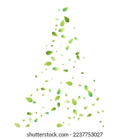 Leaves Green Falling. Spring Flying Foliage. Chaotic Leaf On White Background. Ecology Design, Nature Elements. Spring Sale Vector Illustration. Greenery Environment Backdrop.