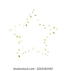 Leaves Green Falling. Spring Flying Foliage. Chaotic Leaf On White Background. Ecology Design, Nature Elements. Spring Sale Vector Illustration. Greenery Environment Backdrop.