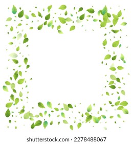 Leaves Green Falling. Spring Flying Foliage. Chaotic Leaf On White Background. Ecology Design, Nature Elements. Spring Sale Vector Illustration. Greenery Environment Backdrop.