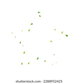 Leaves Green Falling. Spring Flying Foliage. Chaotic Leaf On White Background. Ecology Design, Nature Elements. Spring Sale Vector Illustration. Greenery Environment Backdrop.