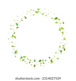 Leaves Green Falling. Spring Flying Foliage. Chaotic Leaf On White Background. Ecology Design, Nature Elements. Spring Sale Vector Illustration. Greenery Environment Backdrop.