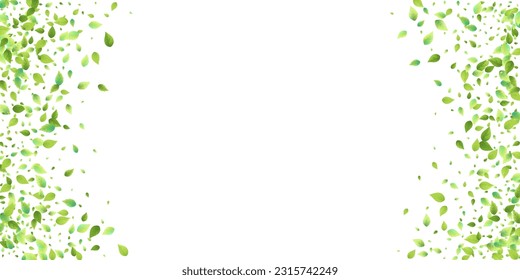 Leaves Green Falling. Spring Flying Foliage. Chaotic Leaf On White Background. Ecology Design, Nature Elements. Spring Sale Vector Illustration. Greenery Environment Backdrop.