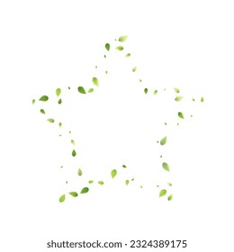 Leaves Green Falling. Spring Flying Foliage. Chaotic Leaf On White Background. Ecology Design, Nature Elements. Spring Sale Vector Illustration. Greenery Environment Backdrop.