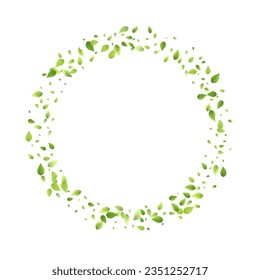Leaves Green Falling. Spring Flying Foliage. Chaotic Leaf On White Background. Ecology Design, Nature Elements. Spring Sale Vector Illustration. Greenery Environment Backdrop.