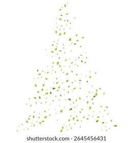 Leaves Green Falling. Spring Flying Foliage. Chaotic Leaf On White Background. Ecology Design, Nature Elements. Spring Sale Vector Illustration. Greenery Environment Backdrop.