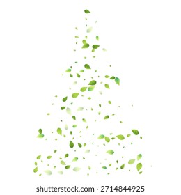 Leaves Green Falling. Spring Flying Foliage. Chaotic Leaf On White Background. Ecology Design, Nature Elements. Spring Sale Vector Illustration. Greenery Environment Backdrop.
