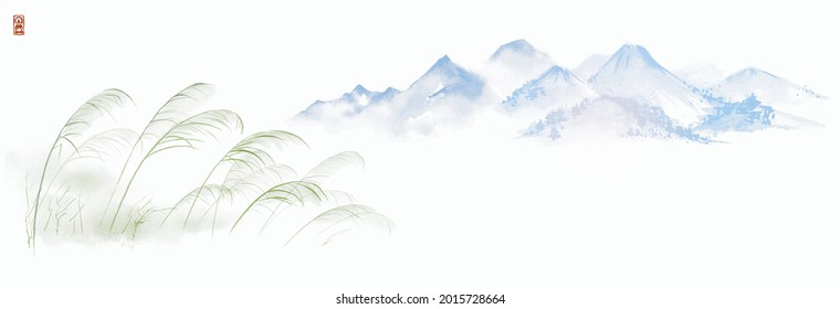 Leaves of green grass on the wind and far blue mountains. Traditional oriental ink painting sumi-e, u-sin, go-hua