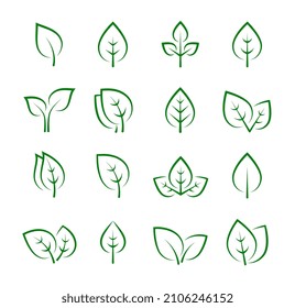 Leaves green linear set icons on white backround