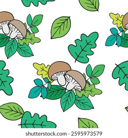 leaves green and mushrooms vector seamless pattern graphics doodle hand drawn illustration on a white background with space for text base for textile design tableware and printing