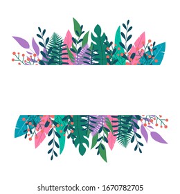 Blätter und grüne Pflanzen umrahmen oder grenzen. Blumenbanner-Design mit Platz für Text. Vorlage für Hochzeitskarte, Frühlings- und Sommerhintergrund, Naturposter mit buntem Blattwerk. Vektorillustration.