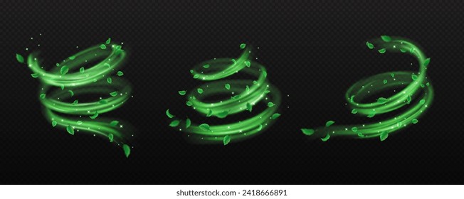 Leaves and green powder whirls realistic vector illustration set. Magic air flows with spring foliage 3d elements on transparent background