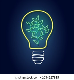 Leaves grow in a light bulb of neon light, Ecology bulb light eco concept, vector illustration
