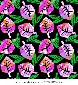 Leaves hand craft expressive ink seamless floral pattern. Summer endless texture for wallpaper, different doodles for fabric, wrapping, decoration, greeting card,  textiles or t-shirt apparel design