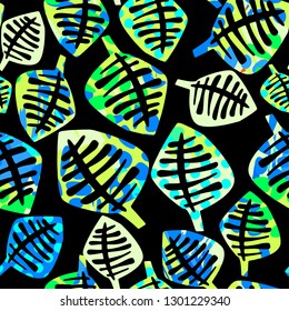 Leaves hand craft expressive ink seamless floral pattern. Summer endless texture for wallpaper, different doodles for fabric, wrapping, decoration, greeting card,  textiles or t-shirt apparel design
