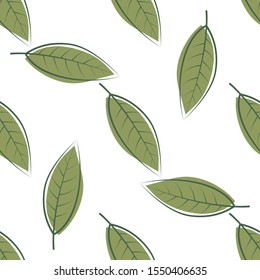 Leaves hand drawn color vector seamless pattern. Cartoon leafage flat illustration. Decorative textile, wallpaper, wrapping paper design idea. Green foliage on white background. 