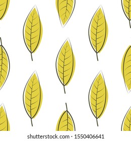 Leaves hand drawn color vector seamless pattern. Cartoon leafage flat illustration. Decorative textile, wallpaper, wrapping paper design idea. Yellow foliage on white background. 