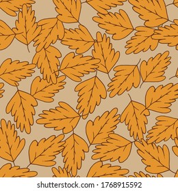 Leaves hand drawn color vector seamless pattern. Cartoon leafage flat illustration. Decorative textile, wallpaper, wrapping paper design idea. Orange foliage on yellow background.