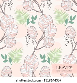 Leaves hand drawn seamless pattern. Pink background. Abstract design texture