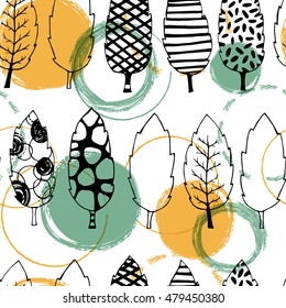 Leaves hand drawn vector seamless pattern. Black white orange blue graphic design. Abstract foliage for textile, background, clothes and so on. Doodle sketch. Vector illustration.