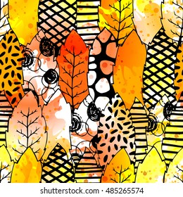 Leaves hand drawn vector seamless pattern. Black white orange yellow graphic design. Watercolor abstract foliage for textile, background, clothe and so on. Doodle sketch. Vector illustration.