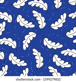 Leaves hand drawn vector stock seamless pattern. White Leaves isolated on blue background. Cartoon leafage flat illustration. Decorative textile, wallpaper, wrapping paper design