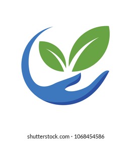 Leaves With Hand logo design template. Vector Illustration.