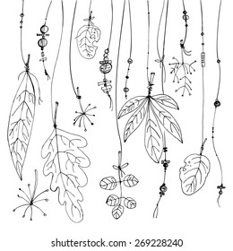 Leaves hanging on a clothesline, decoration of leaves and beads. Boho style, hippie jewelry, drawing a line. Vector design elements, background