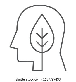 Leaves in head think line icon, ecology and energy, think green sign, vector graphics, a linear pattern on a white background, eps 10.