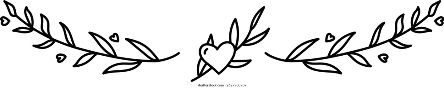 Leaves and a heart form a hand-drawn border.  Elegant foliage and a central love symbol create a decorative frame. Cartoon vector illustration