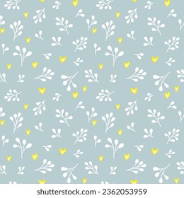 Leaves and heart seamless pattern. Romantic, vector, hand drawn illustration. 