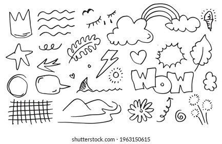 leaves, hearts, abstract, clouds, arrows and other elements in hand drawn styles for concept designs. Doodle illustration. Vector template for decoration.