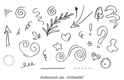 Leaves, Hearts, Abstract, Ribbons, Arrows And Other Elements In Hand Drawn Styles For Concept Designs. Doodle Illustration. Vector Template For Decoration