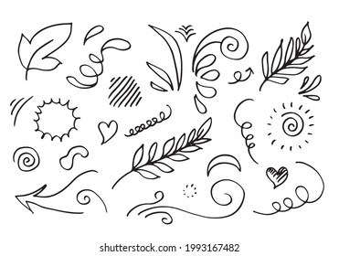 leaves, hearts, abstract, ribbons, arrows and other elements in hand drawn styles for concept designs. Doodle illustration. Vector template for decoration