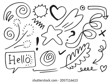 leaves, hearts, abstract, ribbons, arrows and other elements in hand drawn styles for concept designs. Doodle illustration. Vector template for decoration