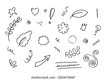 leaves, hearts, abstract, ribbons, arrows and other elements in hand drawn styles for concept designs. Doodle illustration. Vector template for decoration