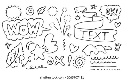 leaves, hearts, abstract, ribbons, arrows and other elements in hand drawn styles for concept designs. Doodle illustration. Vector template for decoration